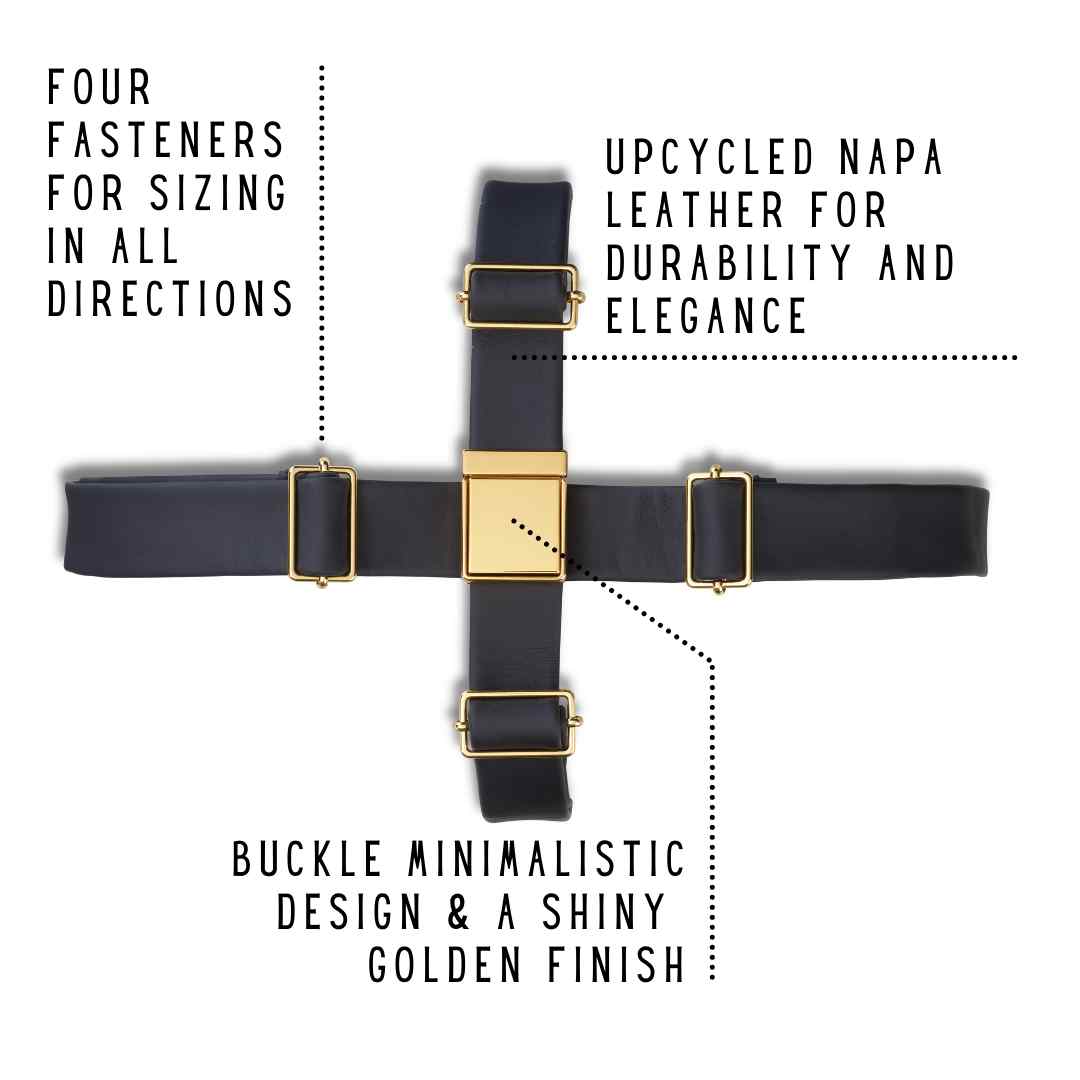 Classic black ONDE bag belt with four fasteners, upcycled napa leather, minimalistic buckle design, golden finish